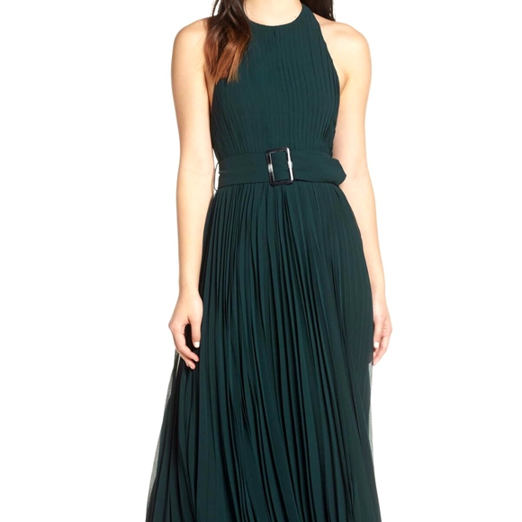 NEW Fame & Partners FOREST GREEN The Felice HALTER Pleated BELT Evening GOWN 10 - Picture 5 of 16
